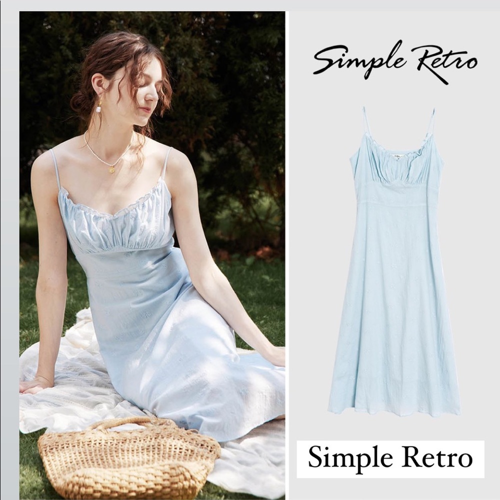 Simple Retro Abby V-Neck Embroidery Blue Midi Slip Dress